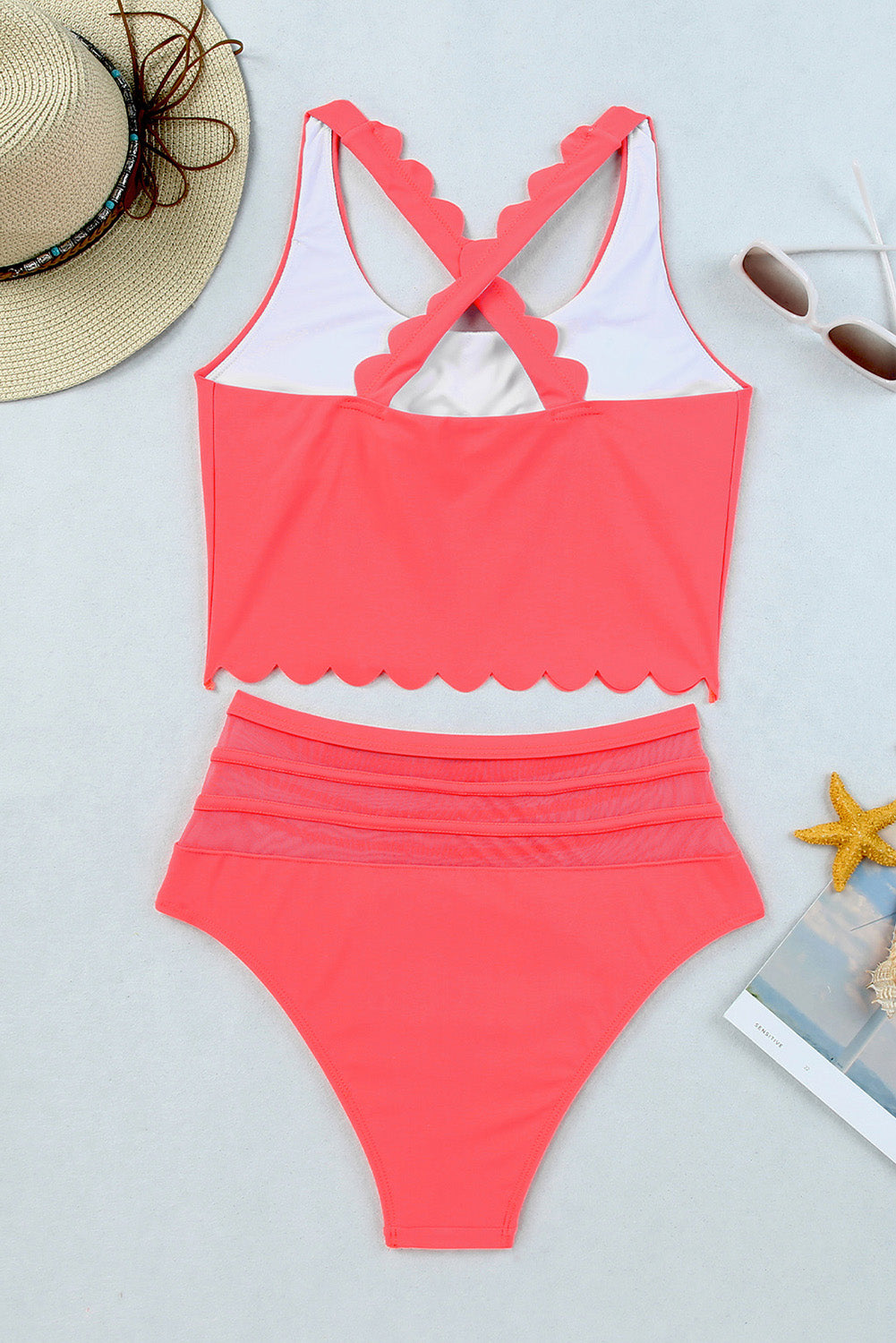 Rose Scalloped Sleeveless High Waisted Two Piece Swimsuit