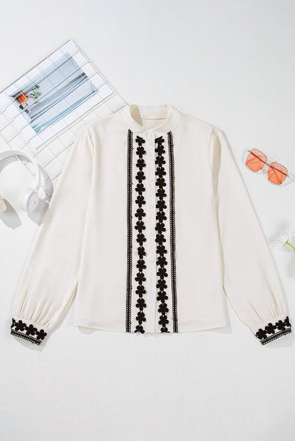 Beige Cute Flower Stand Neck Buttoned Shirt