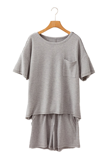 Gray Solid Color Waffle Knit T Shirt and Shorts Set