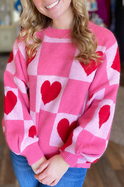 Pink Love Heart Checkered Valentine Knit Sweater